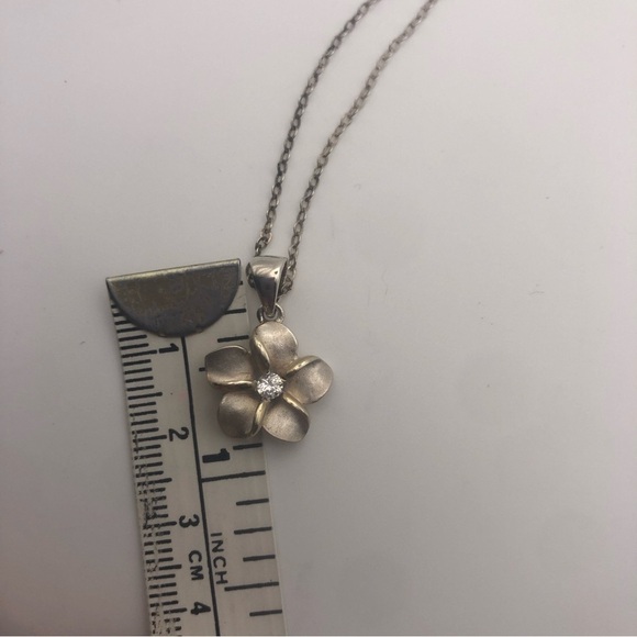 VTG Sterling Cz Floral Hawaiian Plumeria Flower Pendant & Short Chain 14” & .9” - Picture 5 of 7